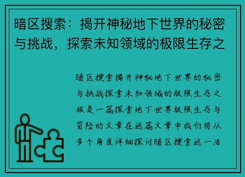 暗区搜索：揭开神秘地下世界的秘密与挑战，探索未知领域的极限生存之旅